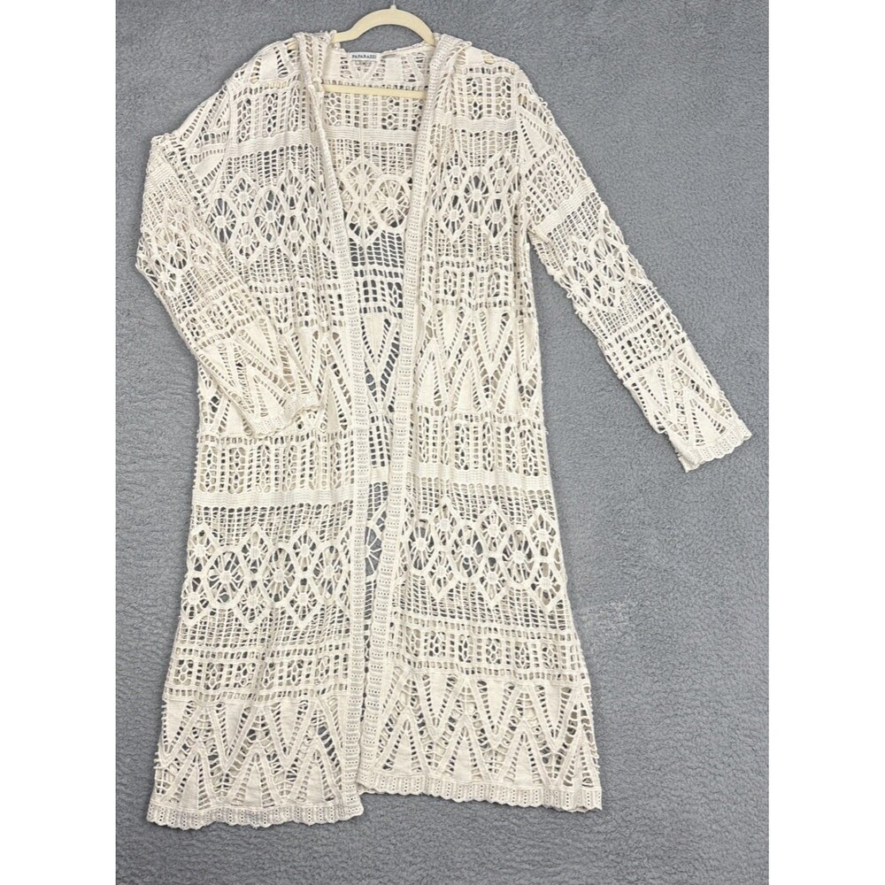 Paparazzi Johnny Cream Scalloped Crochet Long Cardigan w Hood Size M Boho Beachy